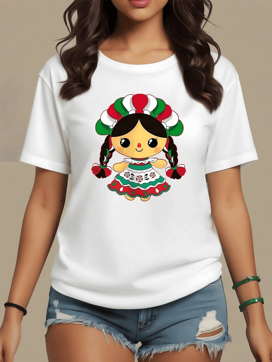 Traditional Doll With Braids And Colorful Dress Representing The Joy Of Mexican And Feminine Strength; Comfortable Casual Women's T-Shirt For Modern Everyday Wear - 白色 - 查看 1