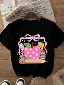 Pink Apple With White Dots Surrounded By Ribbons, Pink Squares, Flowers, Books, And A Pencil Symbolizes Tenderness And Love Of Knowledge. Casual, Comfortable, And Modern Women's T-Shirt - 黑色 - 查看 8
