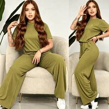 Comfort And Style In One Outfit! Upgrade Your Look With Our 2-Piece Set: A Ribbed Top And Super Comfortable Pants. Available In Various Colors. Women's 2-Piece Casual Set: Short-Sleeve Crew Neck Top And High-Waisted Loose Wide-Leg Pants - Ribbed Textured Loungewear Set For Summer And Yoga - 綠色 - 查看 3