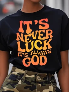 Frase motivadora con letras grandes en degradado naranja que transmite fe y esperanza destacando una actitud positiva hacia la vida camiseta de mujer casual moderna cómoda para diario - Negro - Ver 1