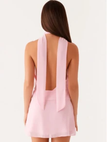 Women Y2K Halter Mini Dress Ruffle Mesh V Neck Going Out Dress Open Back Bodycon Party Dresses Beachwear - Pink - View 5