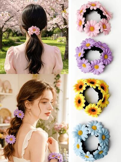 1/4pcs Sunflower Flower Hair Scrunchies/Ties, Scenic Resort Sunflower Hair Accessories, Hawaiian Boho Beach Flower Hair Tie, Elegant & Cute, Suitable For Daily Outfit Matching, Holiday Gift