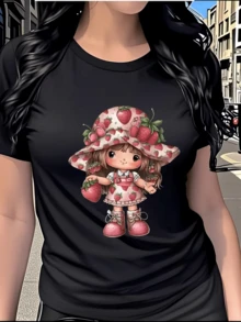 Adorable Little Girl In A Dress And Hat Covered In Strawberries, Symbolizing Sweetness, Joy, And Tenderness-Perfect For Conveying Natural Charm. Casual, Comfortable, And Modern Women's T-Shirt. - 黑色 - 查看 1