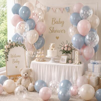 40 piezas de globos de látex en azul claro, rosa y blanco con globos transparentes, adecuados para baby shower, decoración de fiesta de cumpleaños, set de globos para fiesta