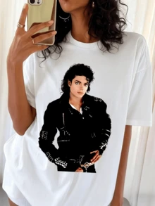 Oversized White T-Shirt With A Photo Print Of MichaelS Jacksons "Bad Era", Retro Pop King Style - White - View 6