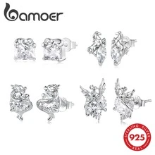 Bamoer 轻奢锆石动物造型耳环，铂金镀层龙凤耳钉，简约优雅的龙马耳环，日常派对时尚首饰 - 銀色 - 查看 1