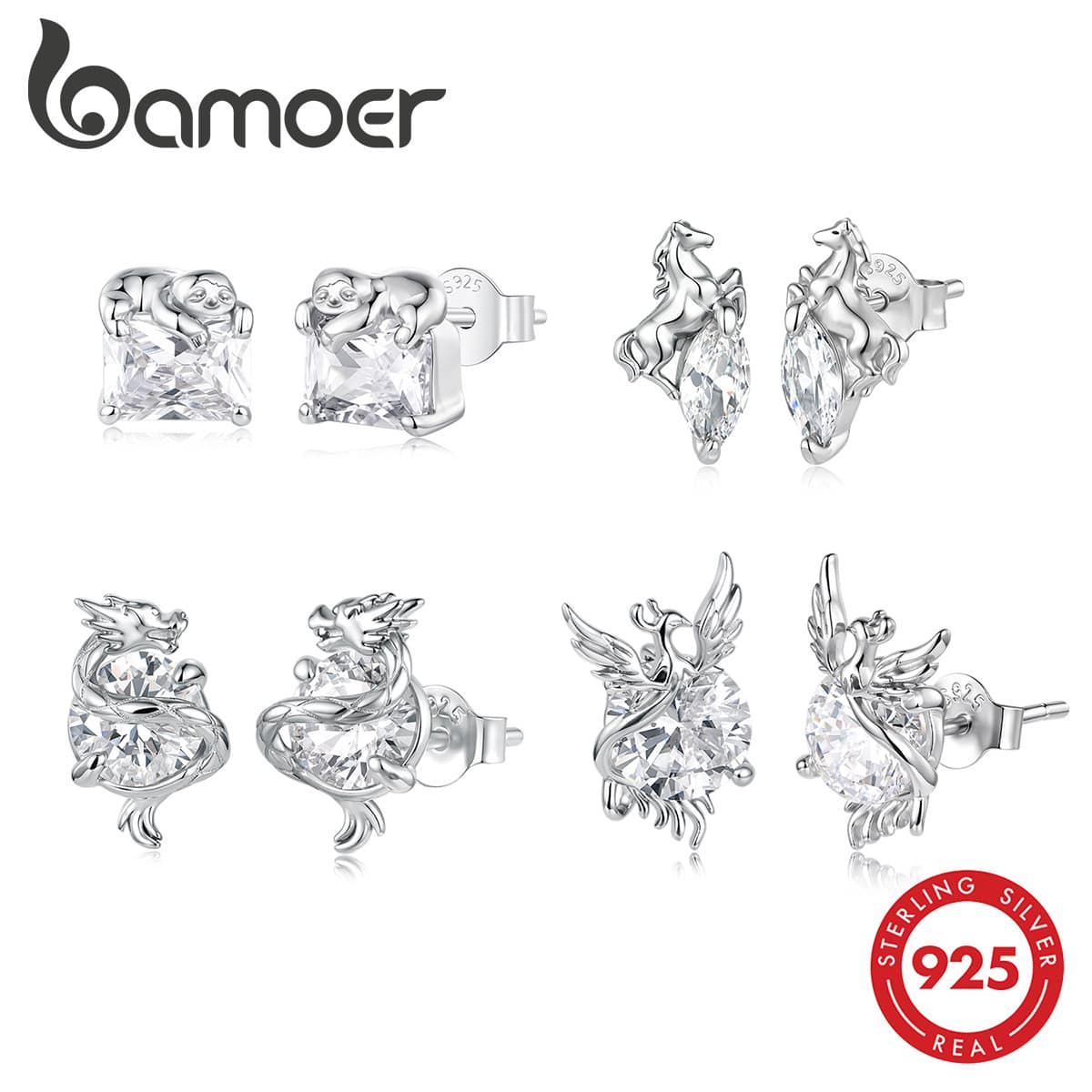 Bamoer 轻奢锆石动物造型耳环，铂金镀层龙凤耳钉，简约优雅的龙马耳环，日常派对时尚首饰 - 銀色 - 查看 1
