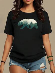 Bear Silhouette Formed By Pine Trees And Mountains Symbolizing Inner Strength, Connection With Nature, And Harmony Between The Wild Spirit And The Peace Of The Forests. Comfortable Casual Women's T-Shirt For Everyday Wear. - 黑色 - 查看 8