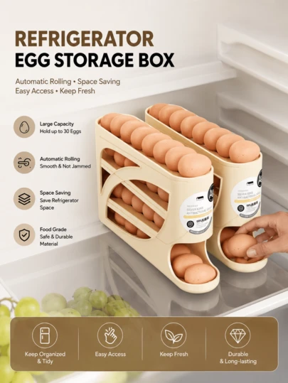 1 khay đựng trứng tự động xoay dùng trong tủ lạnh, khay đựng trứng 4 tầng tiết kiệm không gian, chứa được 28 quả trứng, giá đựng trứng bằng nhựa bền chắc dùng cho tủ lạnh, mặt bàn, tủ bếp.