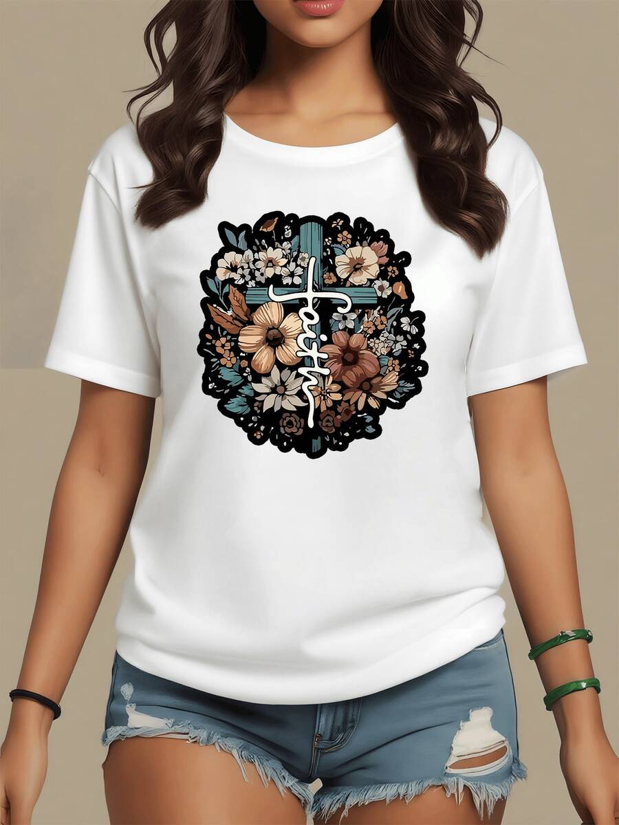 A Blue Cross Surrounded By Multicolored Flowers Symbolizing Hope, Faith, And Renewal In Each Petal Highlights A Positive And Spiritual Message. A Women's T-Shirt For Casual Wear, Comfortable And With Artistic Charm. - 白色 - 查看 1