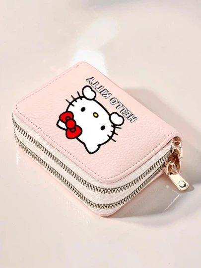 SANRIO 1个Hello Kitty短款钱包，可爱卡通印花PU皮革拉链卡包，女士日常使用