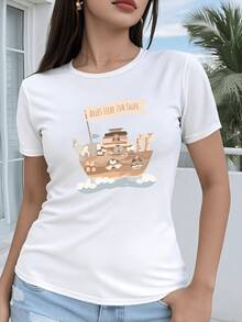 Ark Sailing On Soft Clouds With Happy Animals Conveying Tenderness, Hope, And Unity, Accompanied By A Message Of Good Wishes For A New Stage Of Life. Comfortable Casual Women's T-Shirt For Everyday Wear. - 白色 - 查看 6
