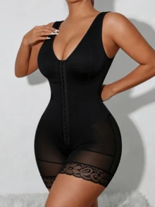 1pc Women's Jumpsuit Shapewear, Tight Tummy Control Butt Lifting Zipper Crotch Bodysuit - Black - View 4