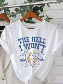 Figure Of A Woman With A Hat Looking Towards The Horizon With A Determined Attitude Against A Western Landscape Background That Reflects Freedom, Courage And Female Empowerment; Comfortable Modern Casual Women's T-Shirt - 白色 - 查看 1