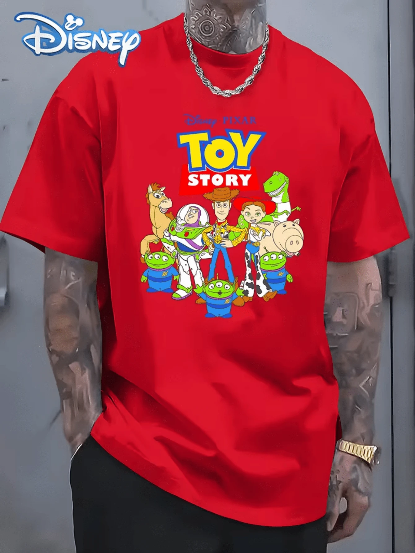 (Disney Licensed T Shirts)Disney PIXAR1 Toy Story All Characters Group Graphic Tee Men's Oversized Crew Neck Short Sleeve T-Shirt, Casual Streetwear With Woody Buzz Jessie Rex Hamm Bullseye Aliens Full Cast Print, Classic Toy Story Double-Sided Loose Fit Tee, Mens Clothes, Men, Ropa De Hombre, Summer Clothes, Men Shirts, Graphic Tees, Disney Outfits Men, Graphic Tees, Camisetas Para Hombre, Camisas Para Hombre, Summer Outfits For Men, Father's Day Gift, Perfect Gift For Family And Friends, Which Are Necessary For Birthday Parties, Disney Shirts, Mens Clothes, Summer Clothes, Officially Licensed Disney T-Shirts, Disney Men's And Women's Spring/Summer Fashion Casual Short-Sleeve T-Shirts, Disney Top - 紅色 - 查看 1