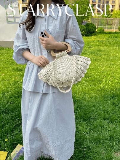 Bolso de mano de estilo coreano Ins hecho a mano a ganchillo, con asa de madera convertible para hombro/mano, bolso tejido versátil de vacaciones con estilo retro