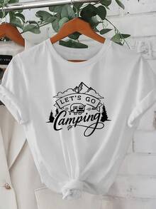 Montañas majestuosas que evocan libertad árboles que simbolizan la paz de la naturaleza y una caravana que invita a la aventura al aire libre camiseta de mujer cómoda para actividades casuales y viajes - Blanco - Ver 6