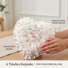 White Artificial Rose Wedding Ring Pillow, Heart-Shaped Ring Bearer Cushion With Shiny Rhinestones And Satin Ribbon, Romantic Wedding Party Decor Ring Holder - View 3