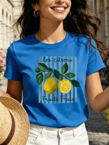 Women's Multicolor Short-Sleeve Crew Neck T-Shirt - Fresh French Style: Lemon Print "Les Citrons" - Versatile Garment Ideal For Holidays - Pure Cotton Basic T-Shirt - French-Themed Lemon Print - Casual And Fashionable Travel T-Shirt - 藍色 - 查看 12