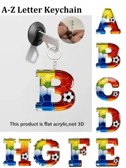 2D Flat A-Z Letter Football Themed Acrylic Keychain, Featuring Colorful Football Patterns, Ideal For Sports Bags, Car Keys Or Home Decor. A Perfect Gift For Football Fans.