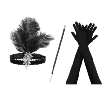 3 piezas Disfraz de fiesta vintage de los años 20 para mujer, incluye 1 tocado de plumas, 1 par de guantes para mujer y un portacigarrillos. - Negro - Ver 15