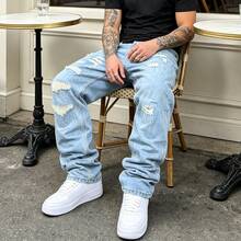 Loose Casual Distressed Washed Denim Jeans, Korean Style - Medium Wash - View 1
