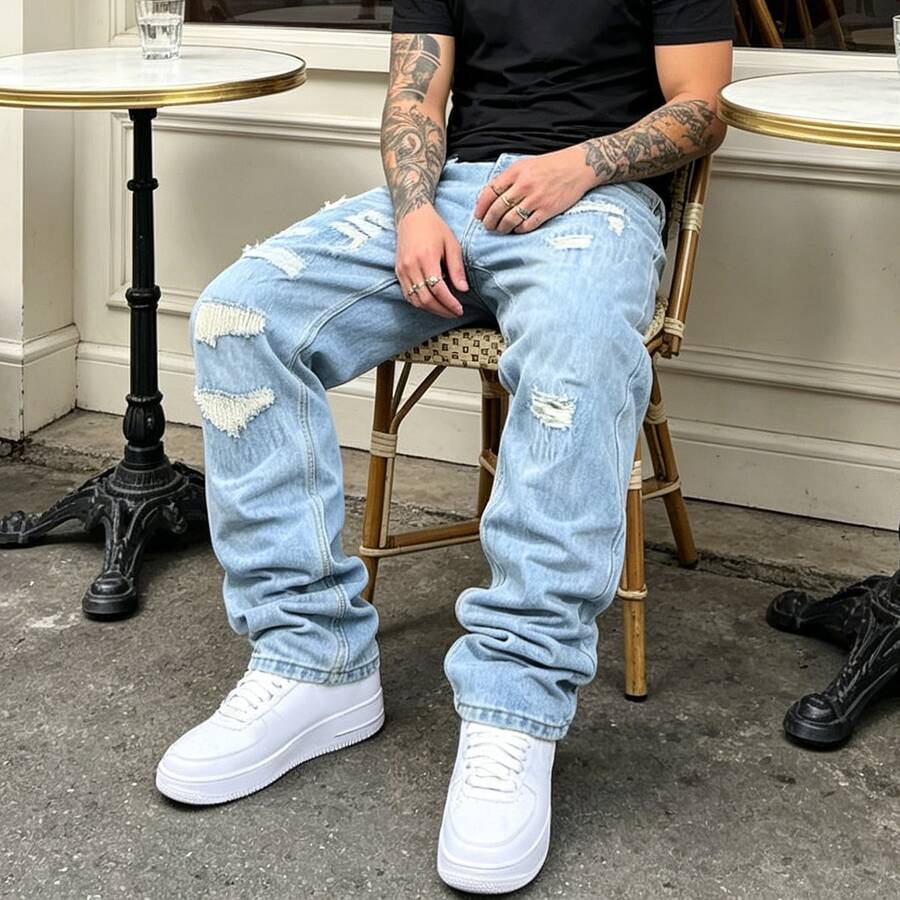 Loose Casual Distressed Washed Denim Jeans, Korean Style - Medium Wash - View 1