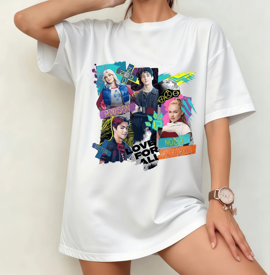 Zombies "Love For All Zombies" Retro Collage T-Shirt | Gender Neutral Oversize Fan Shirt White - White - View 1