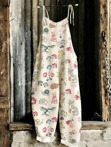 Colorful Forest Animal And Nature Pattern Featuring Owls Rabbits Hedgehogs Snails Mushrooms And Blooming Flowers Symbolizing Harmony And Playful Woodland Life Women Casual Printed Overall Jumpsuit - 白色 - 查看 2