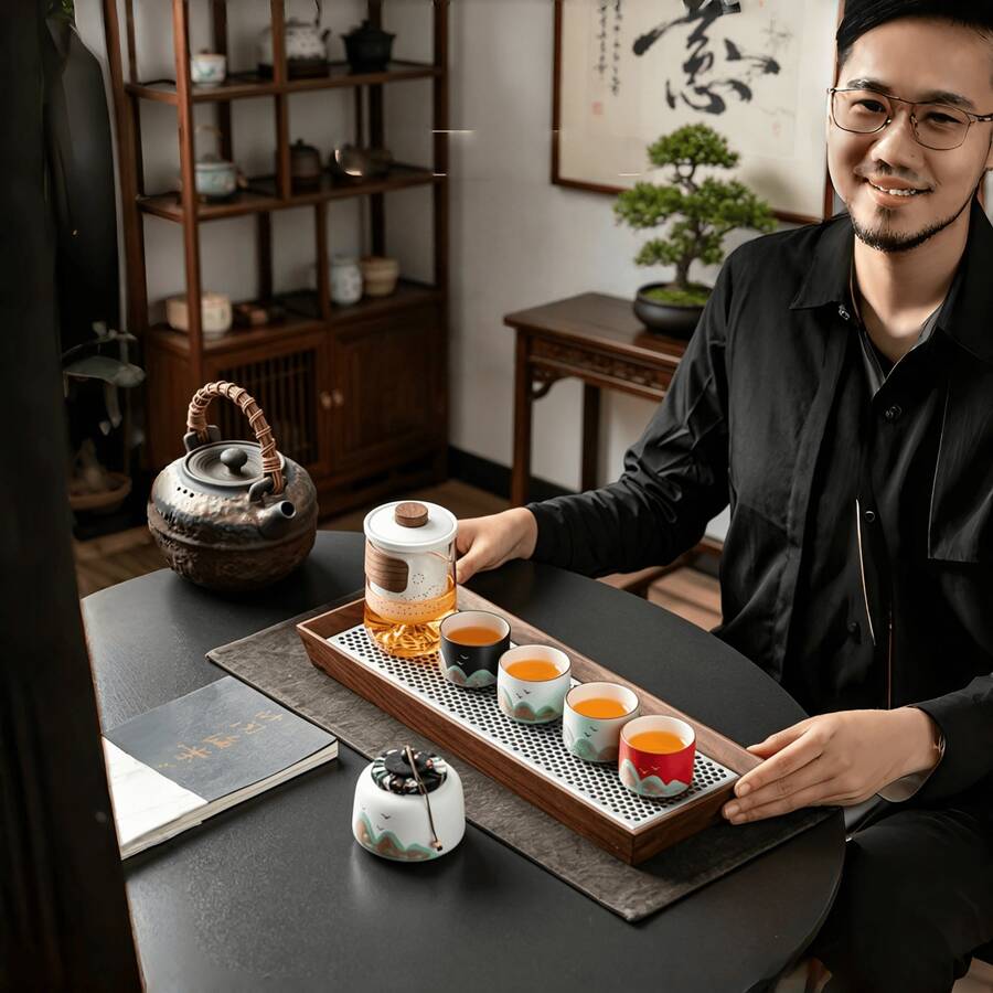 Bộ 4 tách trà, hộp quà trà Tết Nguyên Đán, tình thân gia đình, tách trà phong cách tranh phong cảnh Trung Quốc, tách nước, tách trà Kung Fu, quà tặng Ngày của Cha, bộ tách trà gốm sứ nung phong cảnh Tong Song, tách trà chủ nhân, hộp quà tách trà riêng lẻ