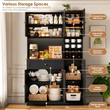 Küchenschrank 180cm Buffetschrank mit Sideboard für Küche mit Küchenschrank mit Arbeitsplatte & Weinregal für 12 Flaschen Küchenbuffet Küchenmöbel 180x100x39cm Schwarz - Schwarz - Übersicht 2