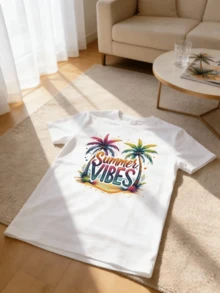 Colorful Palm Trees Evoking The Energy Of Summer With Vibrant Lettering And A Light-Filled Tropical Landscape, Ideal For Conveying Joy And Freshness. Comfortable Casual Women's T-Shirt For Sunny Days. - 白色 - 查看 8