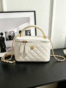 1pc Black Casual Multifunctional Handbag, Fashionable Embroidered Plaid Fabric, Suitable For Office, Holding Phone, Cosmetics, Coins, Shopping, Wallet, Etc., Suitable For Young Women, College Students, Newlyweds, White-Collar Workers. Very Suitable For Office, School, Work, Outdoor Activities, Travel And Other Occasions, Fashionable Ladies Handbag - White - View 2