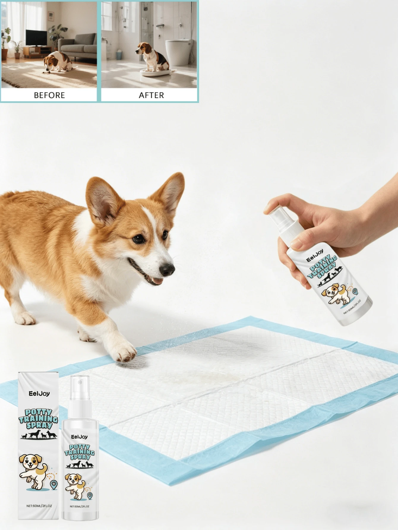 Spray de entrenamiento para ir al baño para perros - Entrenamiento diario para guiar a los perros a defecar en los lugares designados. Este spray de entrenamiento para ir al baño para perros utiliza una fórmula de inducción exclusiva que contiene aromas naturales fácilmente detectados por las mascotas, lo que puede guiar con precisión a los perros a defecar en un lugar fijo. Ayuda a establecer rápidamente un hábito de movimiento intestinal regular y reduce los problemas de suciedad y limpieza en el hogar.