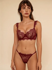 2 piezas Conjunto de lencería para mujer, color borgoña, sujetador de encaje floral francés, transpirable y con soporte con aros, adecuado para ocasiones románticas y regalos - Burdeos - Ver 5