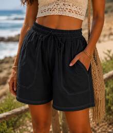 Bermuda ligera mujer short unicolor con costura de contraste, pantalón corto con cintura ajustable dama para vacaciones - Negro - Ver 6