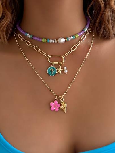 Bộ 3 mặt dây chuyền hình vỏ sò, sao biển, cây dừa, hoa và ngọc trai giả phong cách Bohemian, dây chuyền nhiều lớp đính hạt pha lê nhân tạo, thích hợp cho nữ giới đeo hàng ngày, hẹn hò, dự tiệc và đi nghỉ hè.