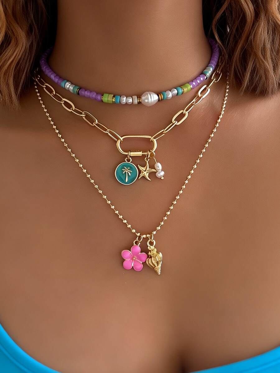 Bộ 3 mặt dây chuyền hình vỏ sò, sao biển, cây dừa, hoa và ngọc trai giả phong cách Bohemian, dây chuyền nhiều lớp đính hạt pha lê nhân tạo, thích hợp cho nữ giới đeo hàng ngày, hẹn hò, dự tiệc và đi nghỉ hè. - Nhiều màu - Xem 1