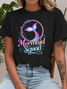 A Shimmering Mermaid Tail Surrounded By Colorful Stars Symbolizes Freedom, Fantasy, And Magical Union Under The Sea. Women's T-Shirt With A Modern And Casual Print. - 黑色 - 查看 6