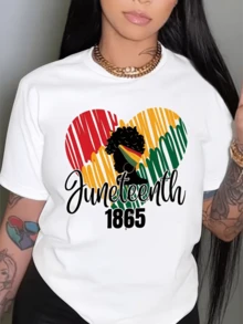 Women's White T-Shirt, 100% Cotton, With A Black Heart Print Featuring The Theme "June 1865." This Short-Sleeved T-Shirt Is Suitable For Freedom Celebrations, Cultural Events, Everyday Wear, And Casual Gatherings. It Is Machine Washable, Colorfast, And A Soft Garment That Symbolizes Pride In African American Heritage. - White - View 1