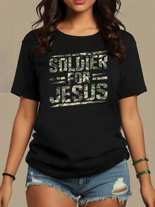A Phrase Reflecting Spiritual Strength And Unwavering Faith, With Camouflage Typography Evoking Courage And Hope. A Modern Women's T-Shirt To Show Positive Attitude And Confidence. - 黑色 - 查看 8