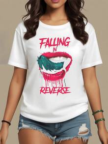 Sensual Open Lips With A Bright Green Tongue And Intense Lettering That Evokes Rebellion And Modern Energy; Modern Casual Women's T-Shirts For Everyday Wear - 白色 - 查看 1