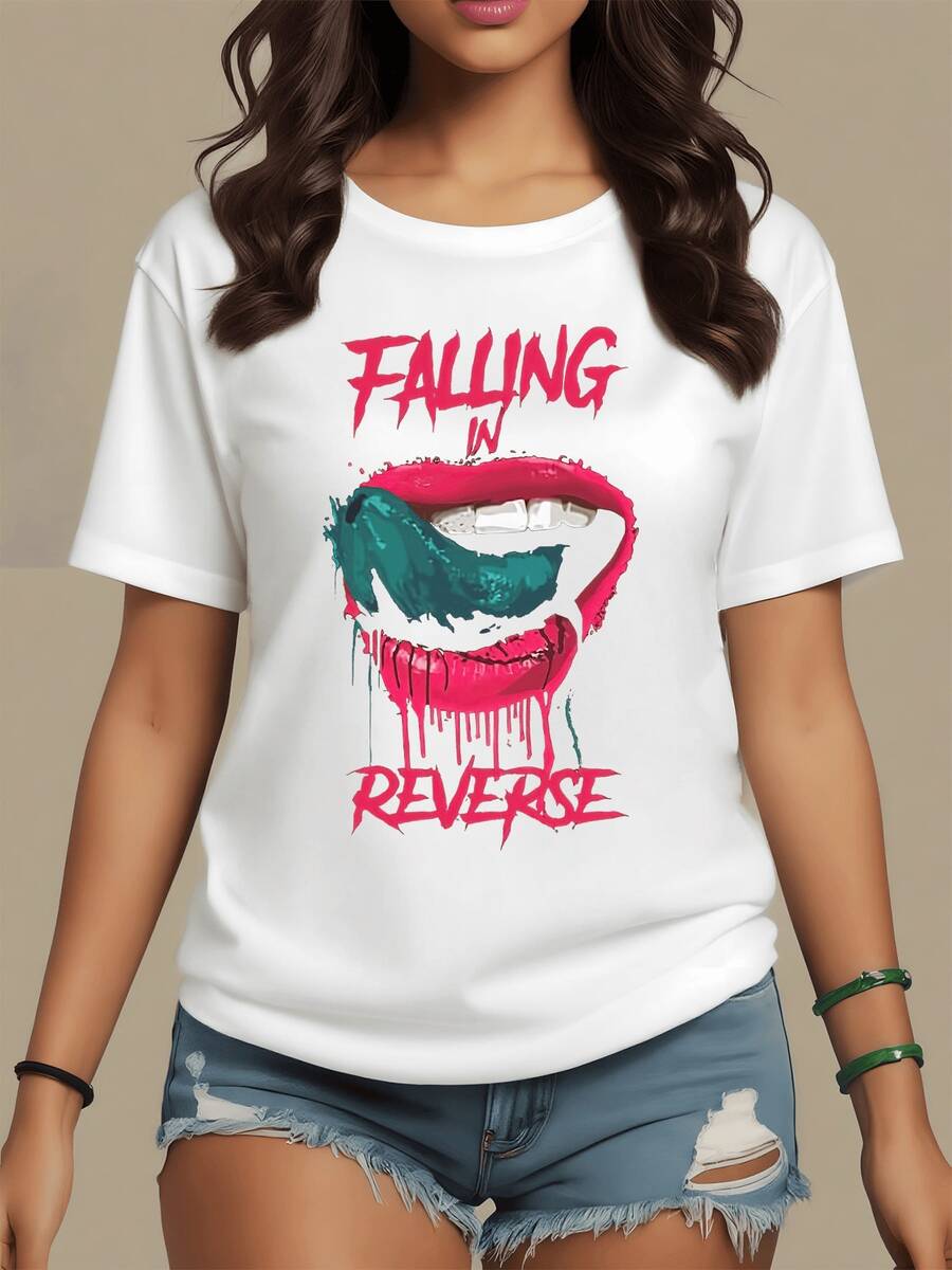 Sensual Open Lips With A Bright Green Tongue And Intense Lettering That Evokes Rebellion And Modern Energy; Modern Casual Women's T-Shirts For Everyday Wear - 白色 - 查看 1