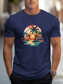 Men'S Short Sleeve Casual Sports-Shirt With Print Pattern Comfortable Regular Round Neck Outdoor Top - 黑色 - 查看 8
