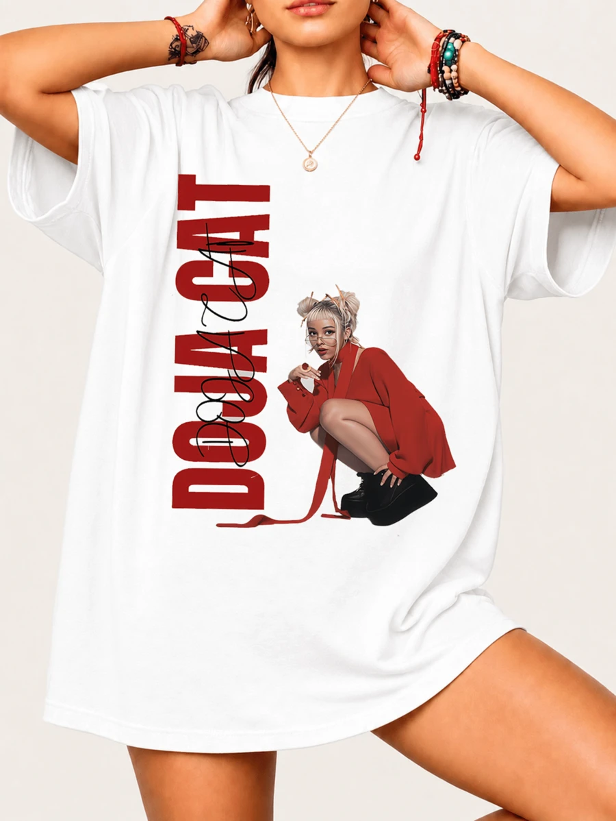 Dojas Cats fan-t-shirt med ikoniskt porträtt och signatur, 100 % bomull, unisex - Vitt - Visa 1