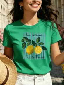 Women's Multicolor Short-Sleeve Crew Neck T-Shirt - Fresh French Style: Lemon Print "Les Citrons" - Versatile Garment Ideal For Holidays - Pure Cotton Basic T-Shirt - French-Themed Lemon Print - Casual And Fashionable Travel T-Shirt - 綠色 - 查看 9