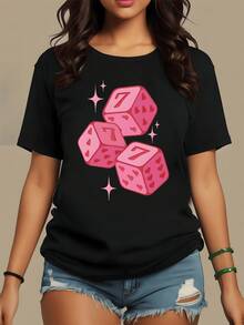 Three Pink Dice With Hearts And The Number Seven Symbolize Luck In Love And The Joy Of Living. Modern And Casual Women's T-Shirt For Everyday Wear - 黑色 - 查看 1