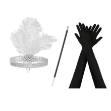 3 piezas Disfraz de fiesta vintage de los años 20 para mujer, incluye 1 tocado de plumas, 1 par de guantes para mujer y un portacigarrillos. - Negro - Ver 7