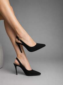 Women's Stiletto Heel Shoe, 11cm, Angela Galvão, Red Sole - Da nubuck đen, kiểu dáng mở. - Xem 1