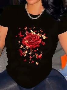 Women's 100% Cotton T-Shirts 2026 Plus Size, Pink Floral Print, Comfortable Crew Neck T-Shirt, Machine Washable, Suitable For All Seasons, Korean Style - Black - View 2